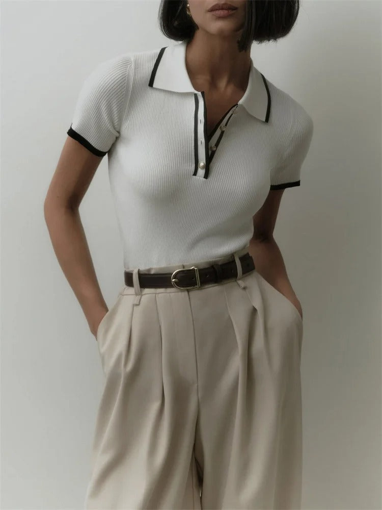 Liora - Contrast Knit Polo Top