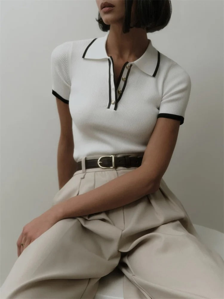 Liora - Contrast Knit Polo Top