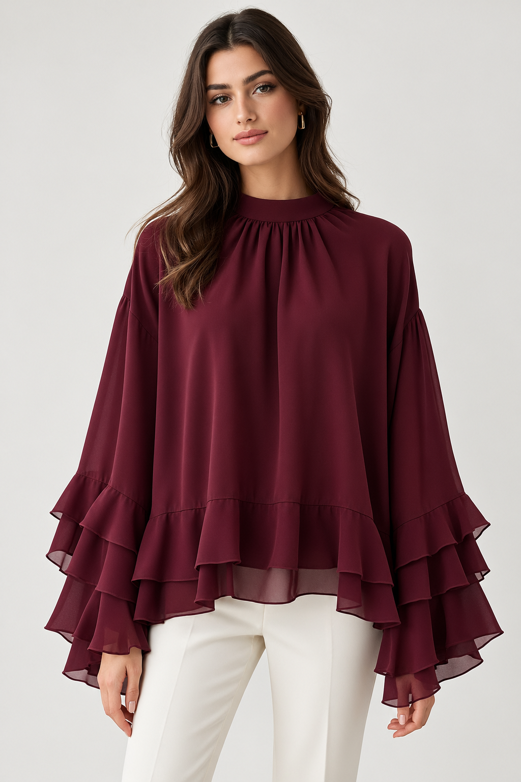 Mero – Wine Red Ruffle Chiffon Blouse