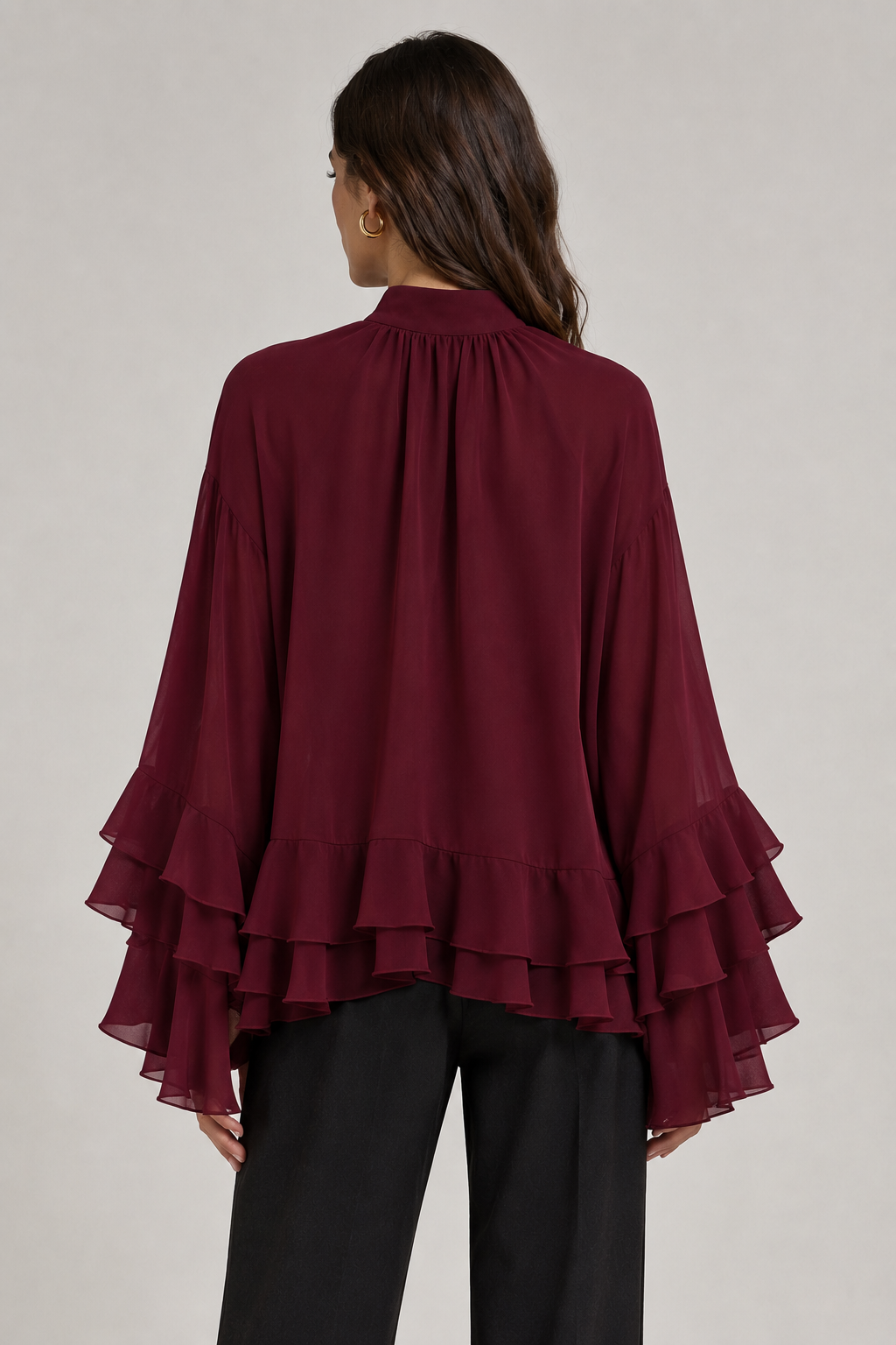 Mero – Wine Red Ruffle Chiffon Blouse