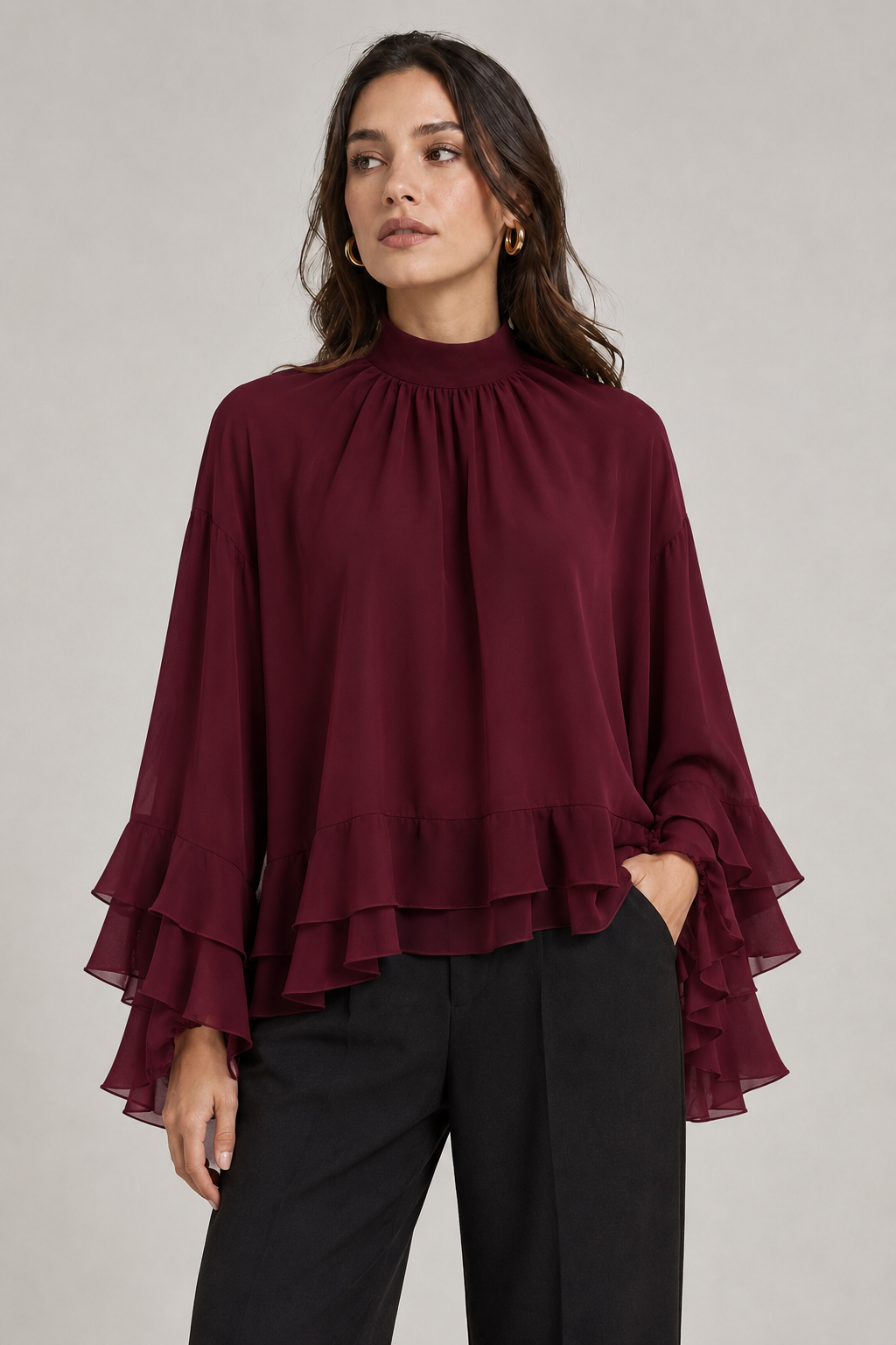 Mero – Wine Red Ruffle Chiffon Blouse