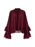Mero – Wine Red Ruffle Chiffon Blouse