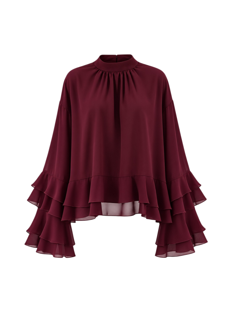 Mero – Wine Red Ruffle Chiffon Blouse
